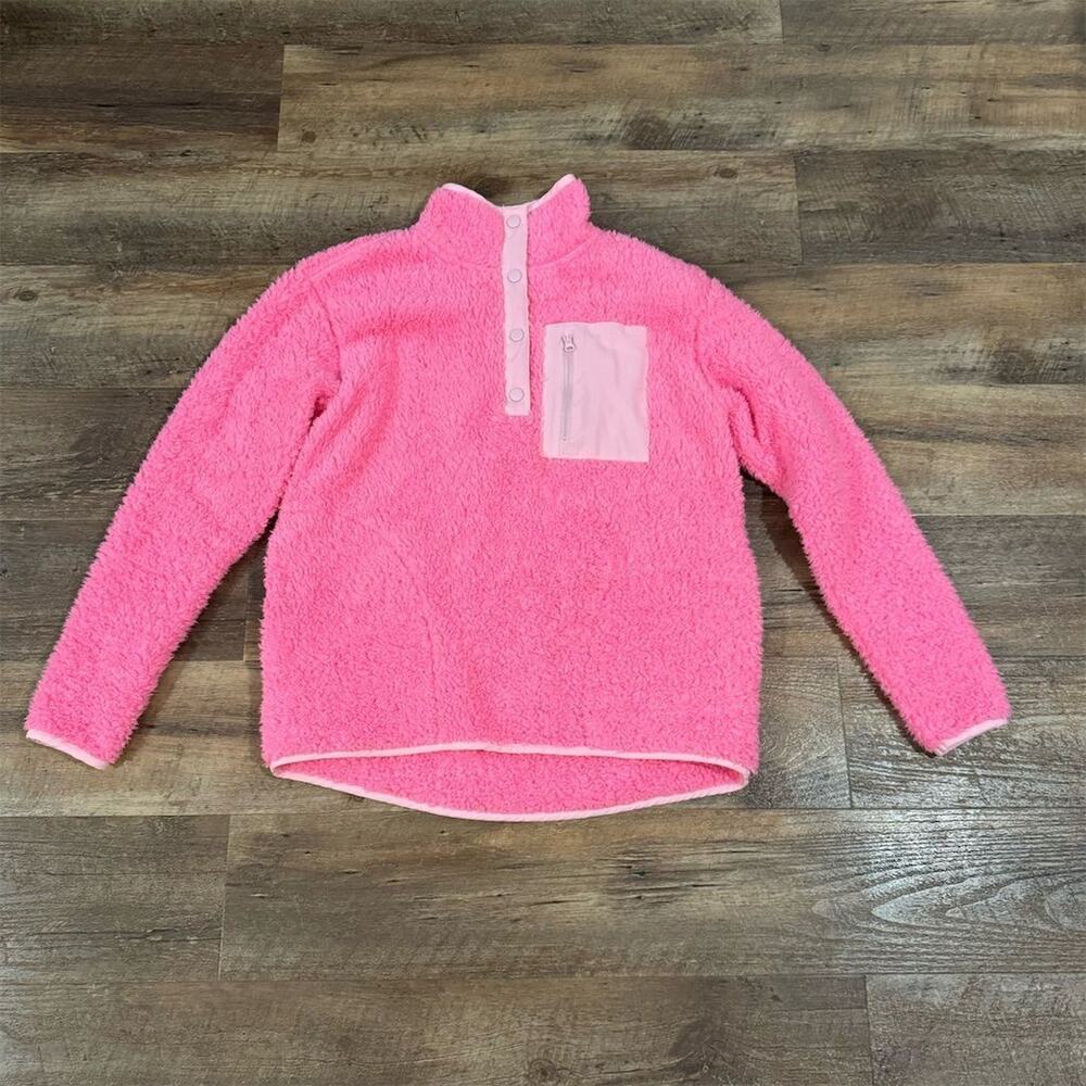 Bright Pink Sherpa Fleece Pullover Jacket Barbiecore Snaps Crown & Ivy Petite